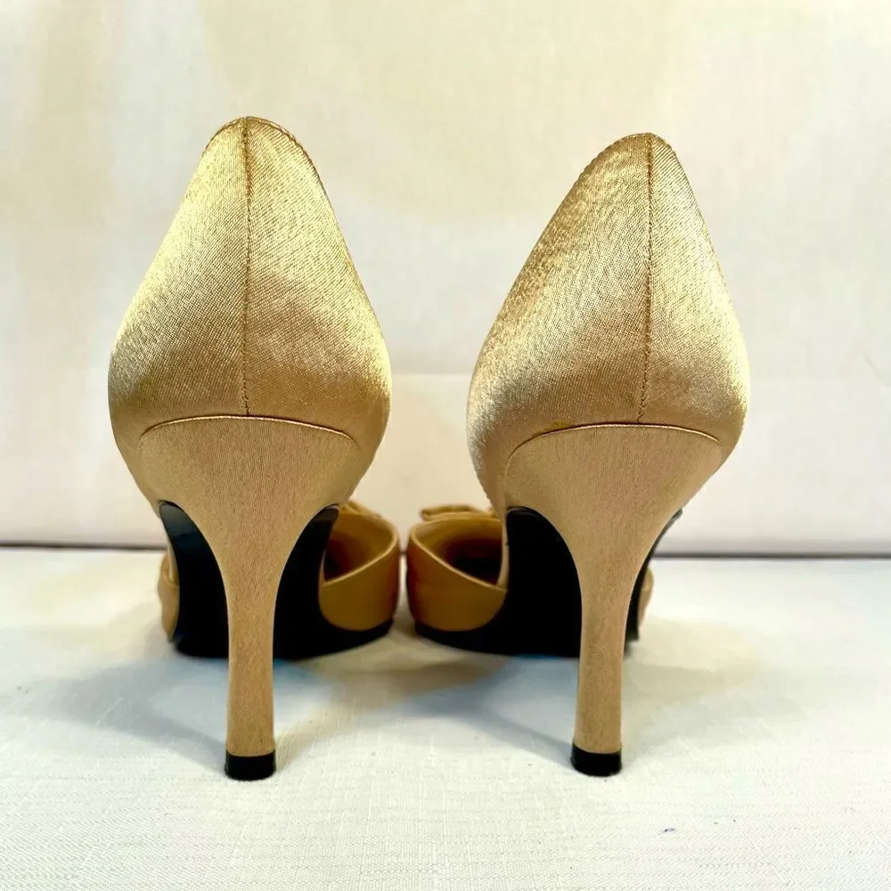 GOLD SATIN w BLACK LACE FORMAL SHOES 3.5” HEEL by THE TOUCH OF NINA SIZE 7.5